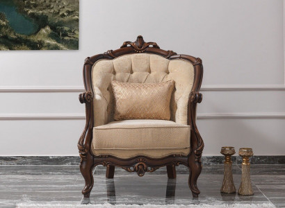 Sessel Ohrensessel Sitzer Stoff Beige Polyester Holz Wohnzimmer Barock